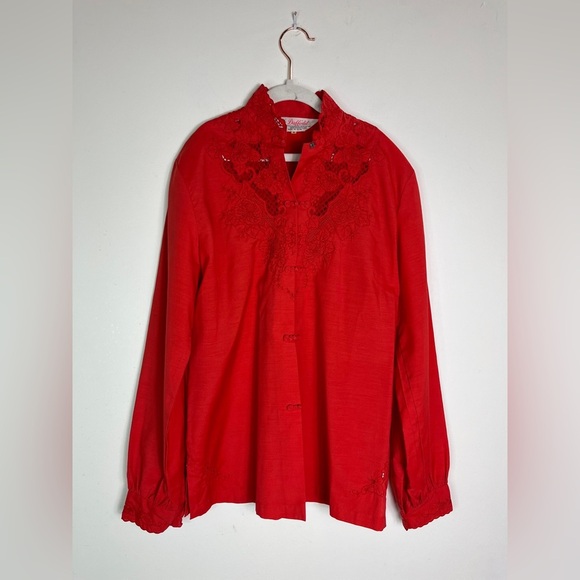 Vintage Daffodil Red Embroidered Blouse S Artsy Lace Button Top China Style Rare - Picture 12 of 13